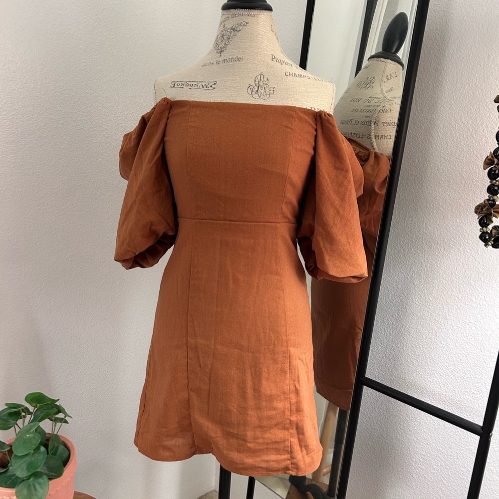 Puffy Sleeve Rust Mini Dress